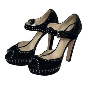 Prada Black Suede Studded Platform Peep Toe Ankle Strap Heels EU 40
